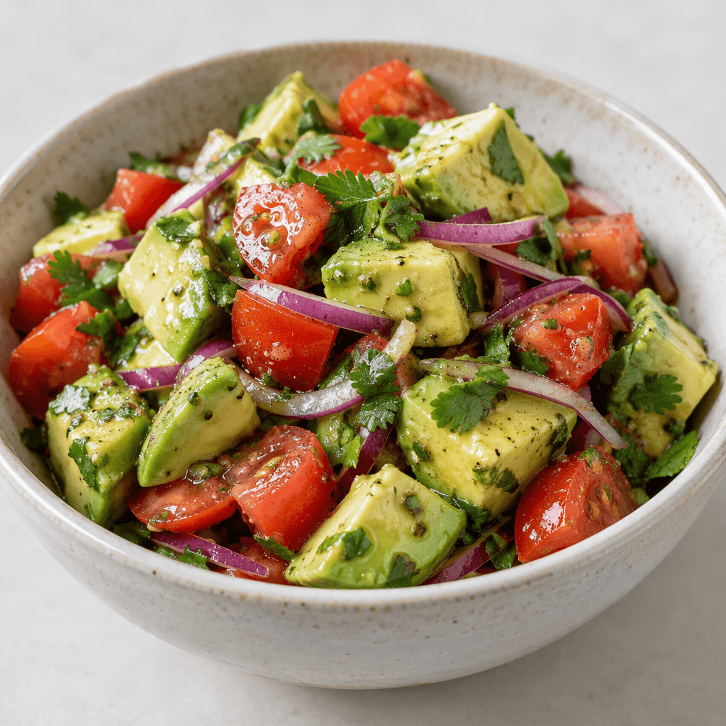 A shallow bowl holds chunky cubes of pale green avocado mixed with bright red tomato pieces, thin purple onion slices, and scattered fresh green herbs, with a light glossy dressing coating the vegetables.