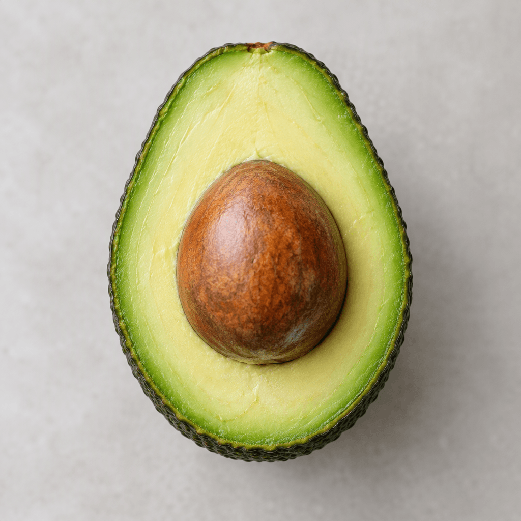 One half of an avocado sits cut-side up, showing smooth pale-green flesh with a large round brown pit in the center, darker green skin around the curved edge, and a clean oval shape.