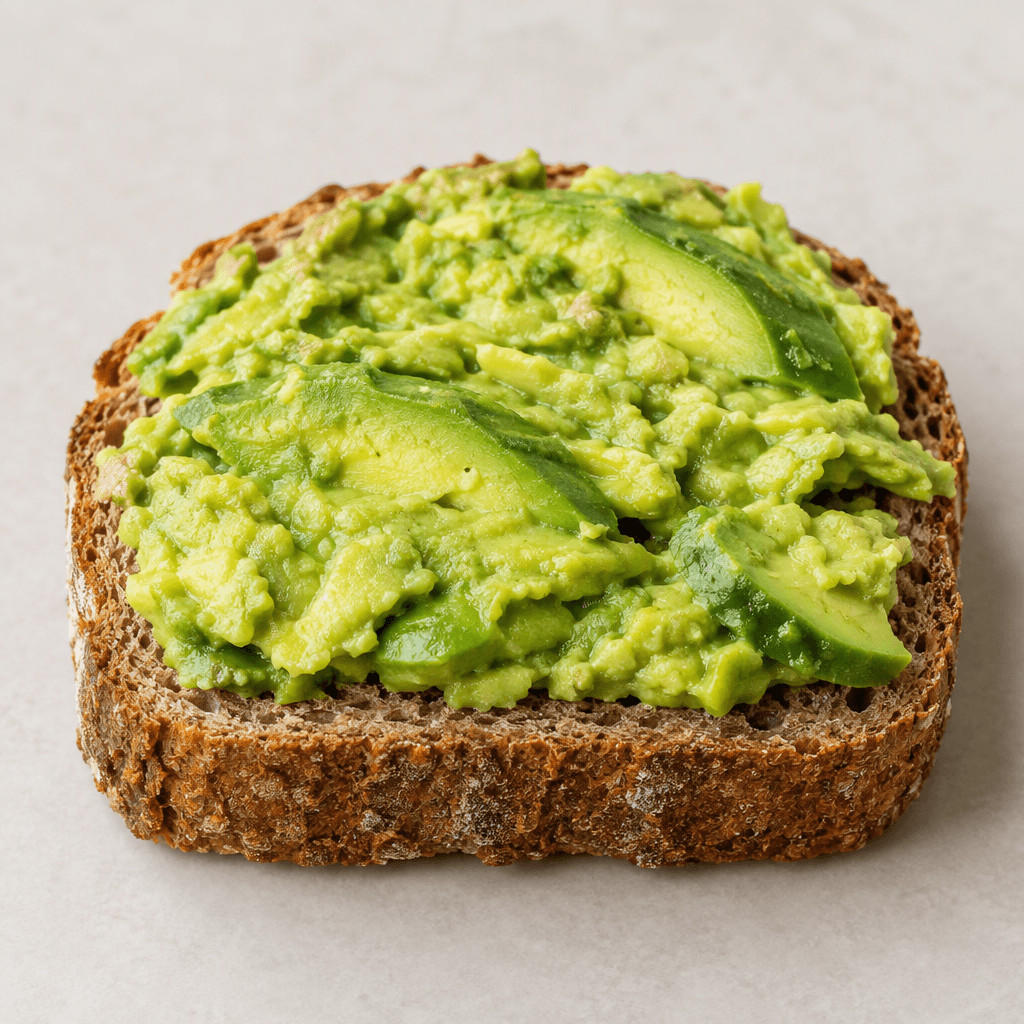 A slice of rustic whole wheat bread with a golden-brown crust and dense brown crumb is topped with thick, unevenly spread bright green avocado, with a few darker green slices visible on the surface.