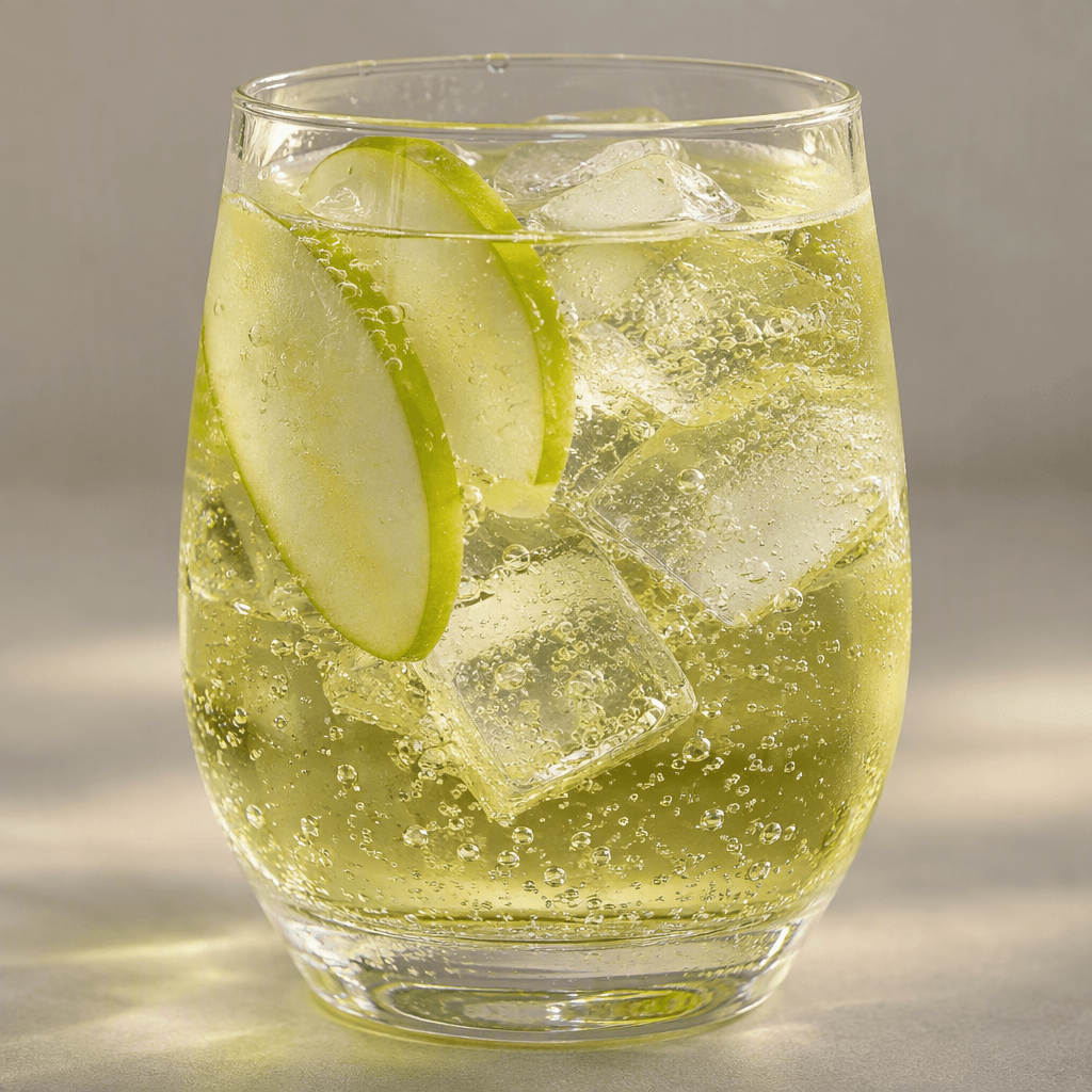 A clear, pale golden-green apple soda with fine carbonation bubbles, served in a transparent glass.