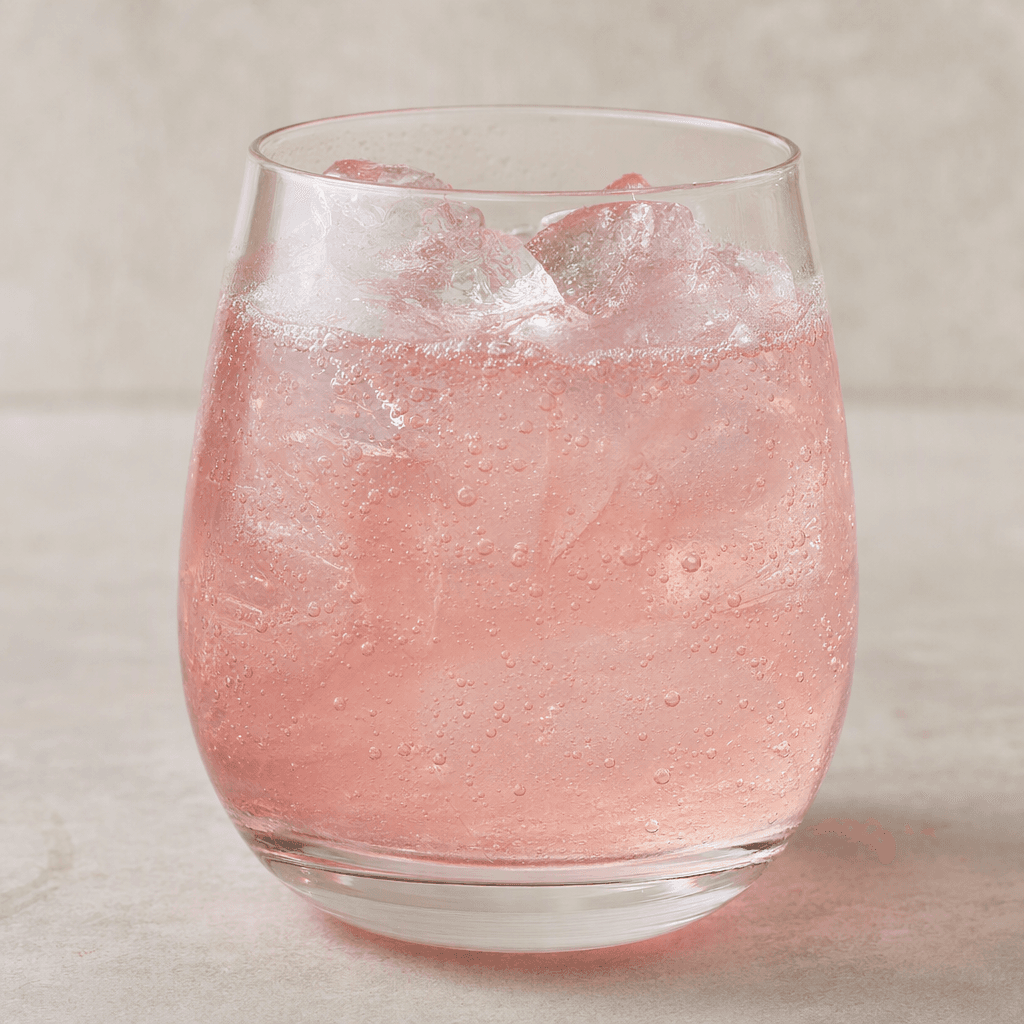 A clear, lightly blush-pink carbonated drink with fine bubbles rising through it, served in a transparent glass.