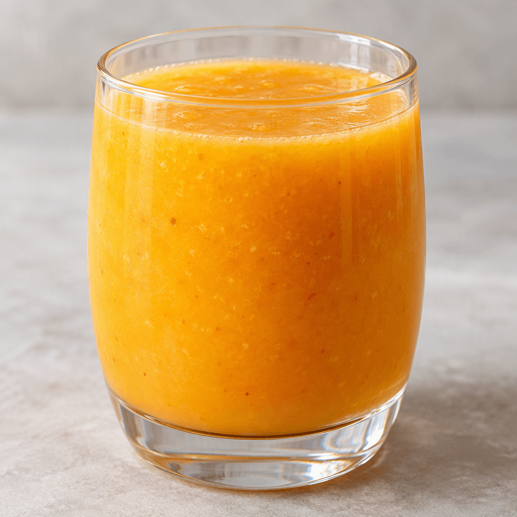 An opaque golden-orange mixed fruit drink sits in a clear glass, with a smooth, slightly pulpy surface and no visible garnish.