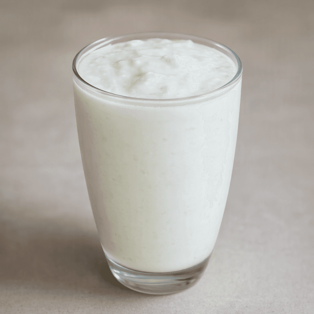 A smooth, opaque white yogurt drink with a thick, creamy consistency, served in a clear glass.