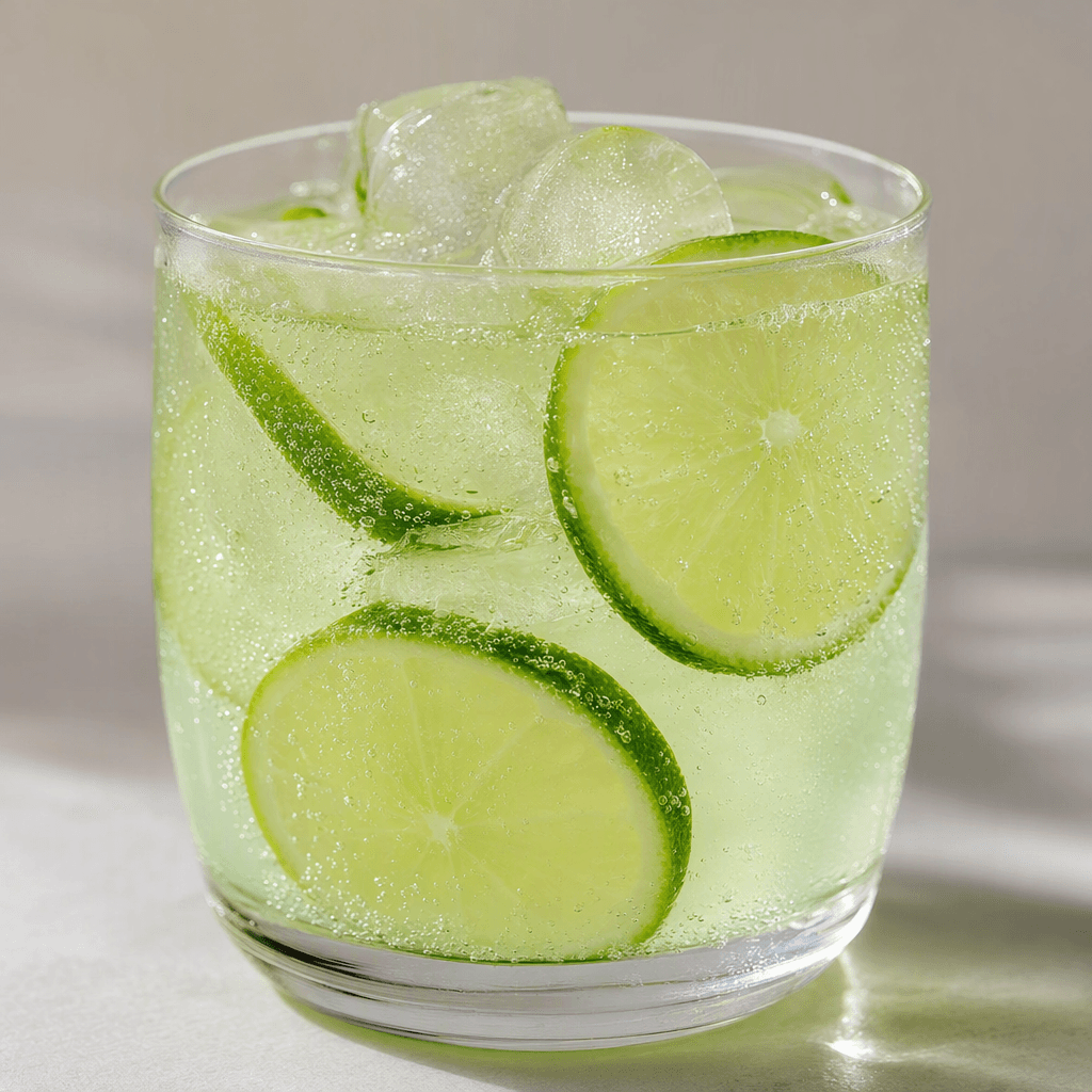 A pale green, sparkling lime soda is served over ice in a clear glass, with thin lime slices visible among the bubbles.