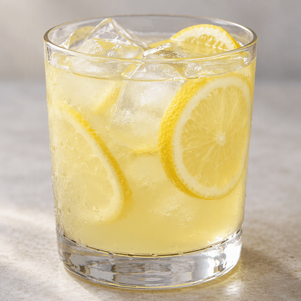 Berrak bir bardakta, içinde buz küpleri ve ince limon dilimleri görünen, açık sarı ve hafif bulanık bir limon içeceği.