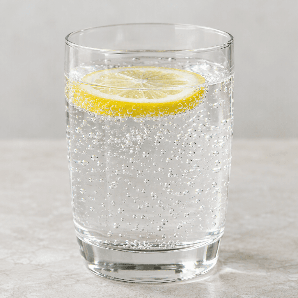 Pale, nearly clear sparkling water is served in a transparent glass, with fine bubbles rising and a thin lemon slice floating near the surface.