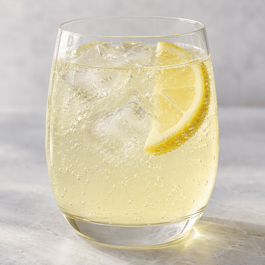 A pale, nearly clear yellow fizzy drink sits in a glass, with fine bubbles rising through it.