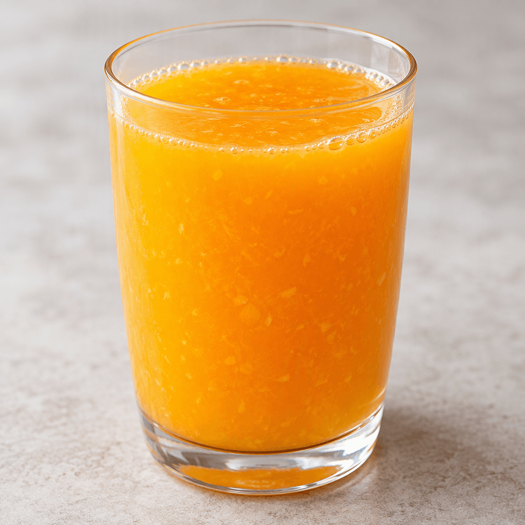 A bright orange, slightly pulpy fruit drink fills a clear glass, with a smooth surface and a few tiny bubbles.