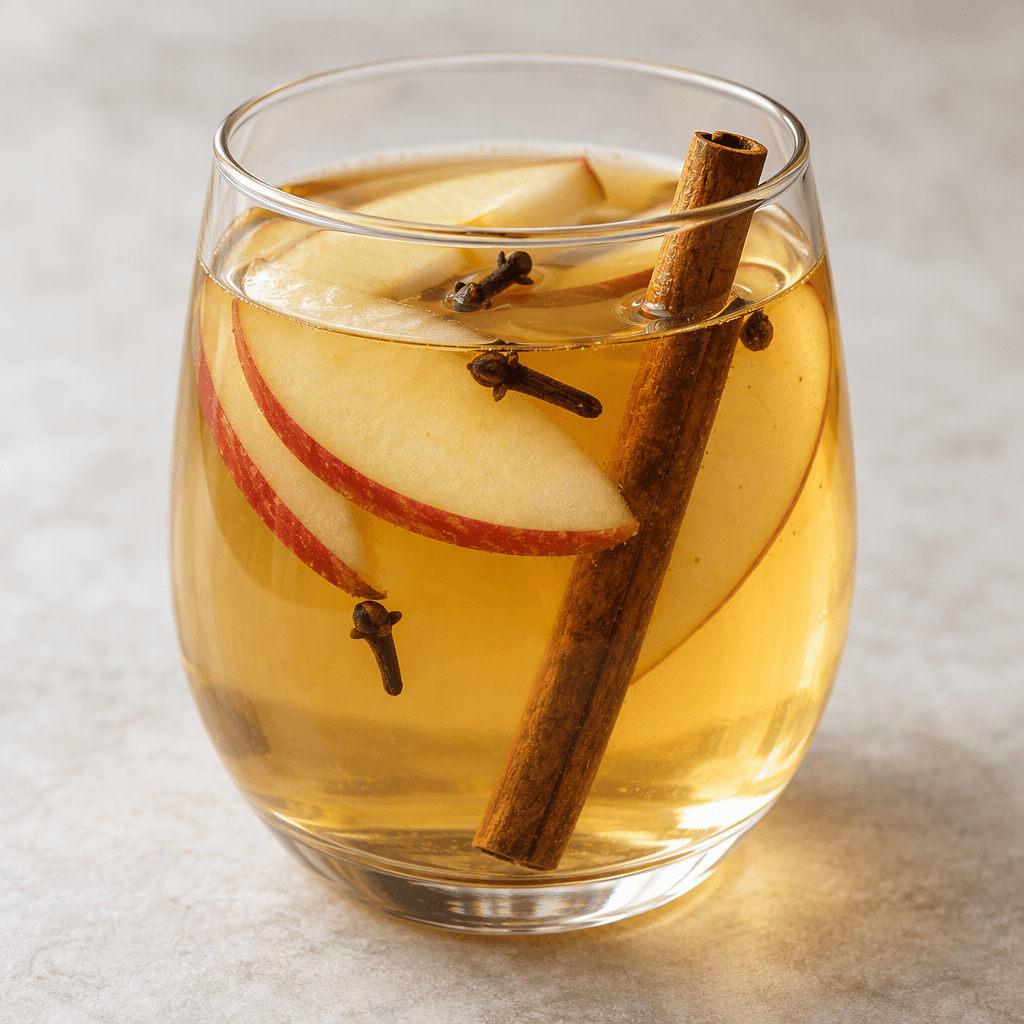 A clear, pale golden drink sits in a glass, with thin apple slices, a cinnamon stick, and a few dark cloves visible in the liquid.
