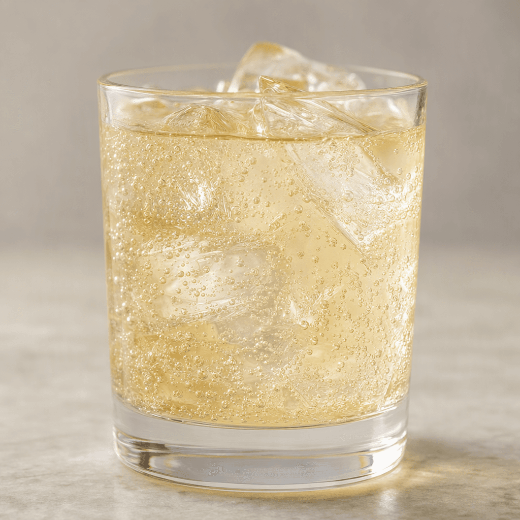 A pale golden, translucent fizzy drink with fine bubbles, served over ice in a clear glass.