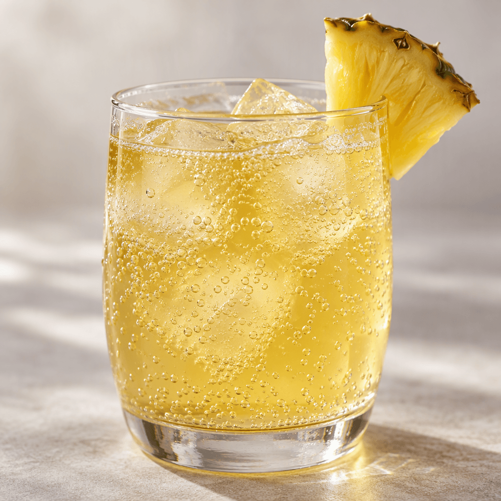 A glass of clear, pale golden-yellow pineapple soda, with fine bubbles rising through the drink.