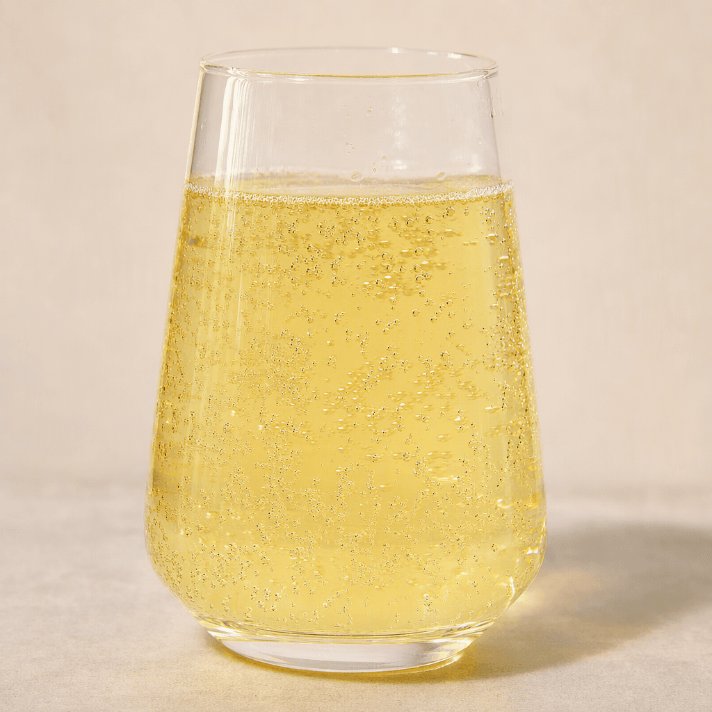 Pale golden-yellow carbonated soda is served in a clear glass, with fine bubbles rising through the drink.