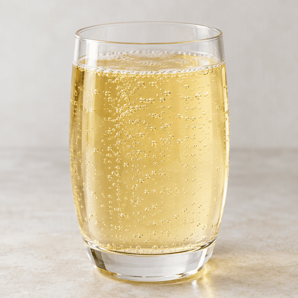 A pale golden-yellow, translucent fizzy drink served in a clear glass, with fine bubbles rising through the liquid.