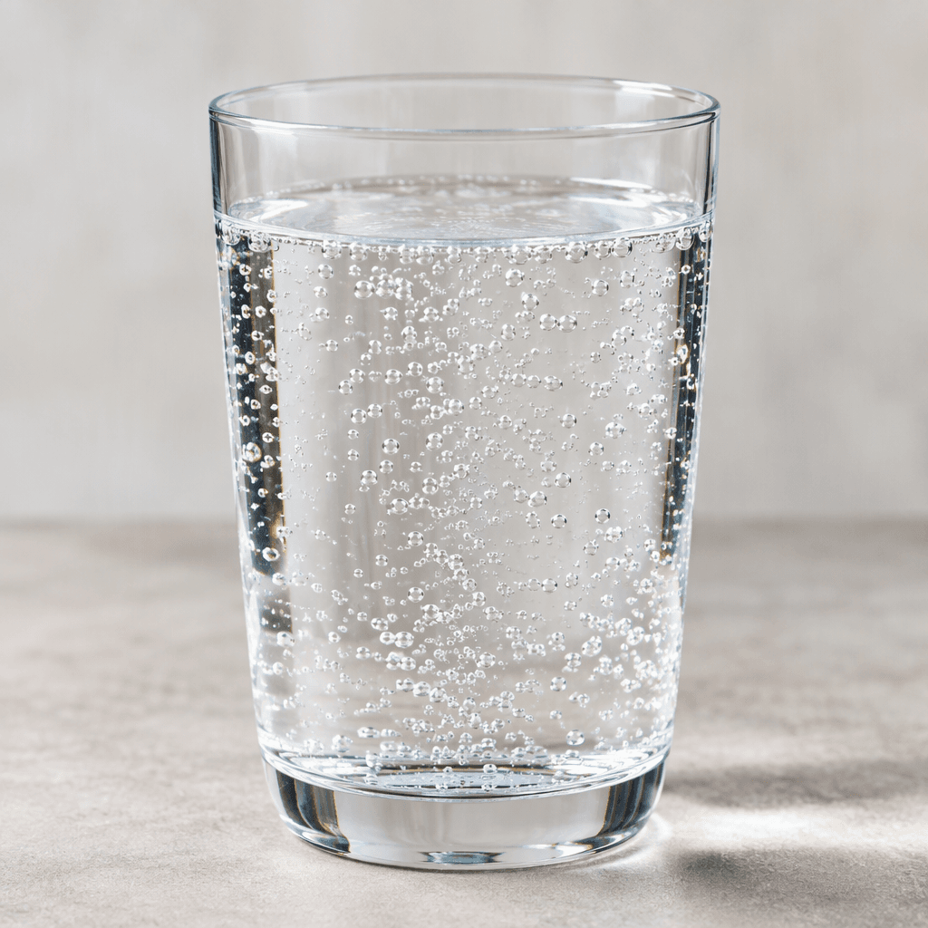 Clear, colorless sparkling water with fine bubbles rising through it, served in a transparent glass.