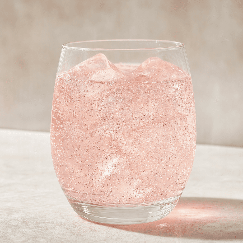 A clear, pale pink carbonated drink with fine bubbles rising through it, served in a glass.