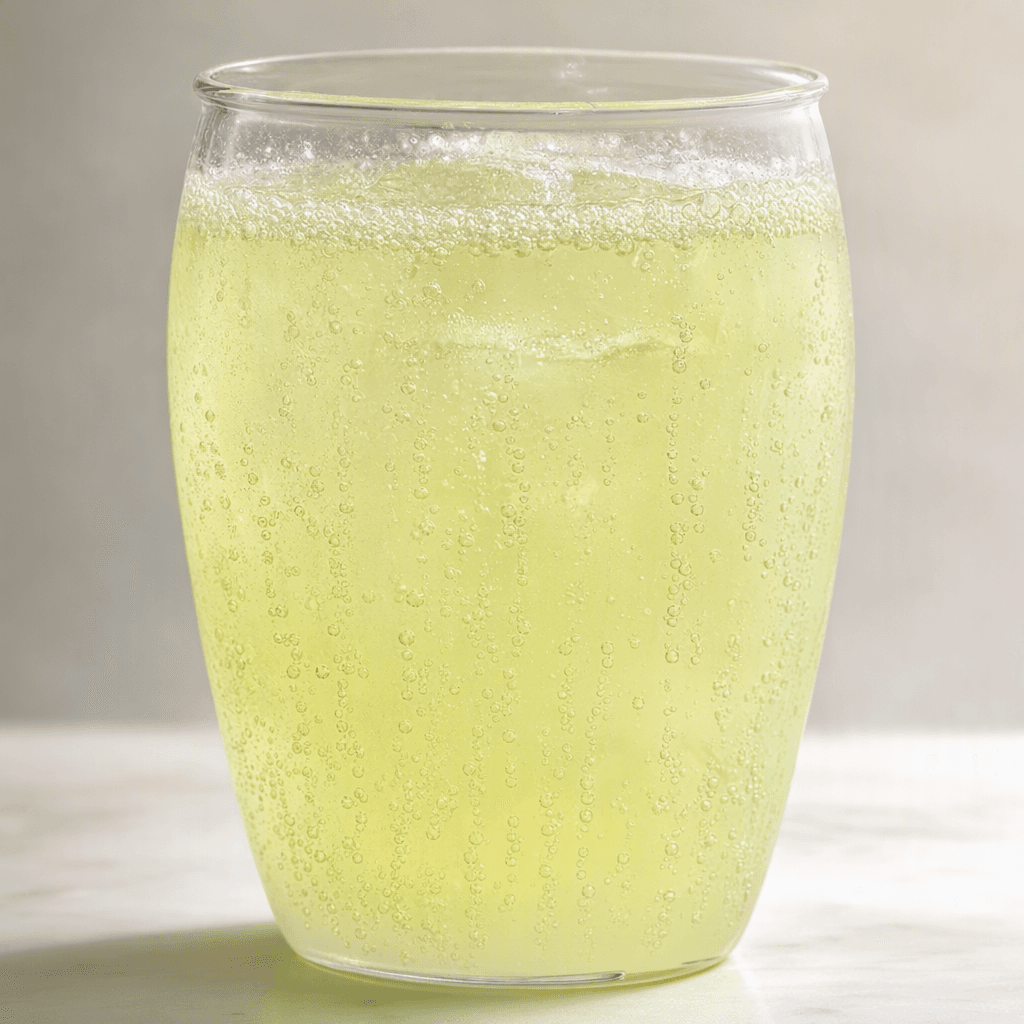 A clear, pale yellow-green carbonated drink sits in a glass, with fine bubbles rising through it and a light fizz at the surface.
