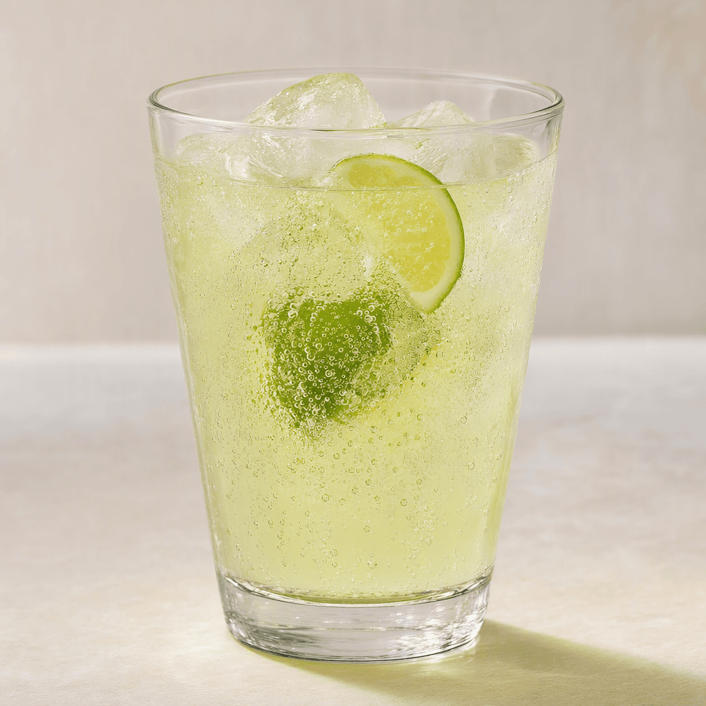 A clear, pale yellow-green fizzy drink with fine bubbles rising through it, served in a transparent glass.