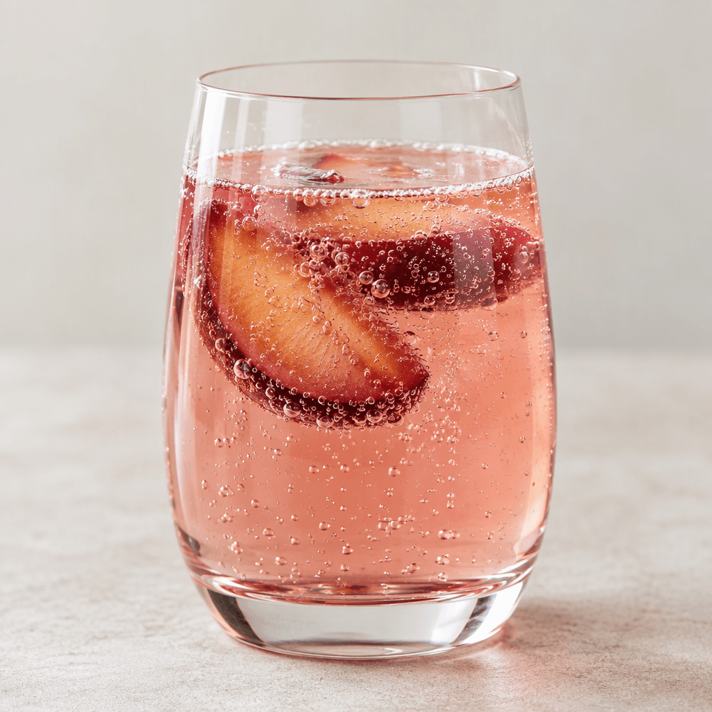 A clear, lightly rosy plum-flavoured sparkling drink sits in a glass, with fine bubbles rising through it.