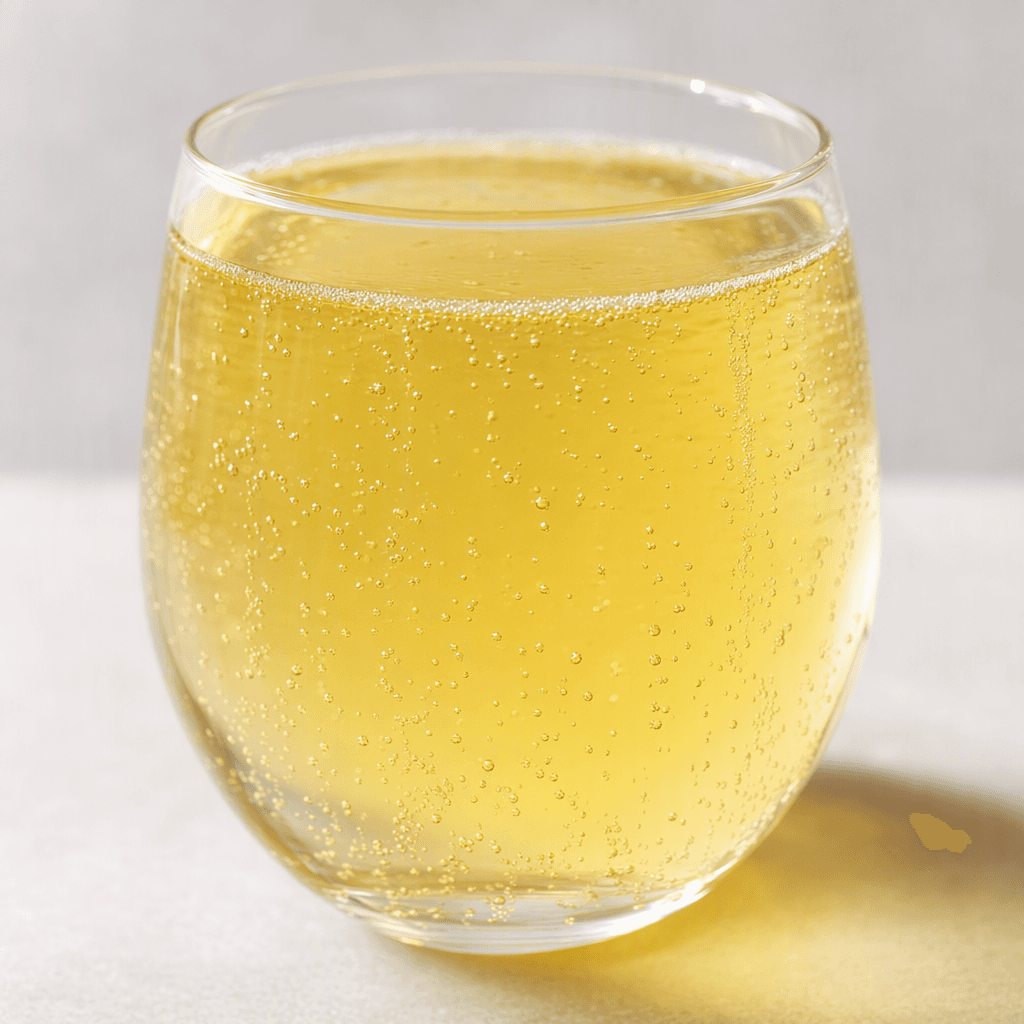 A clear, pale golden-yellow carbonated drink with fine bubbles rising through it.