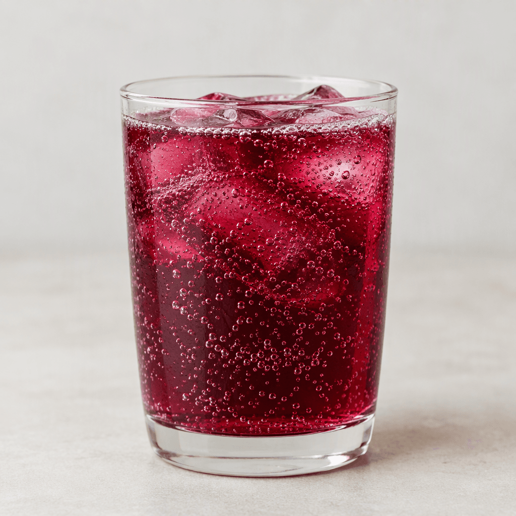 A translucent ruby-purple carbonated drink with fine bubbles, served in a clear glass.