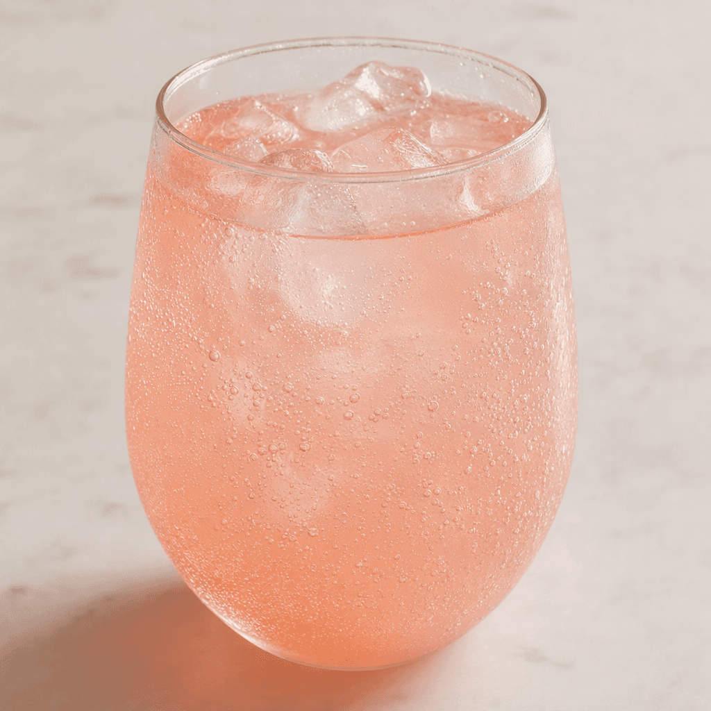 A translucent pale pink grapefruit soda with fine carbonation bubbles, served in a clear glass.