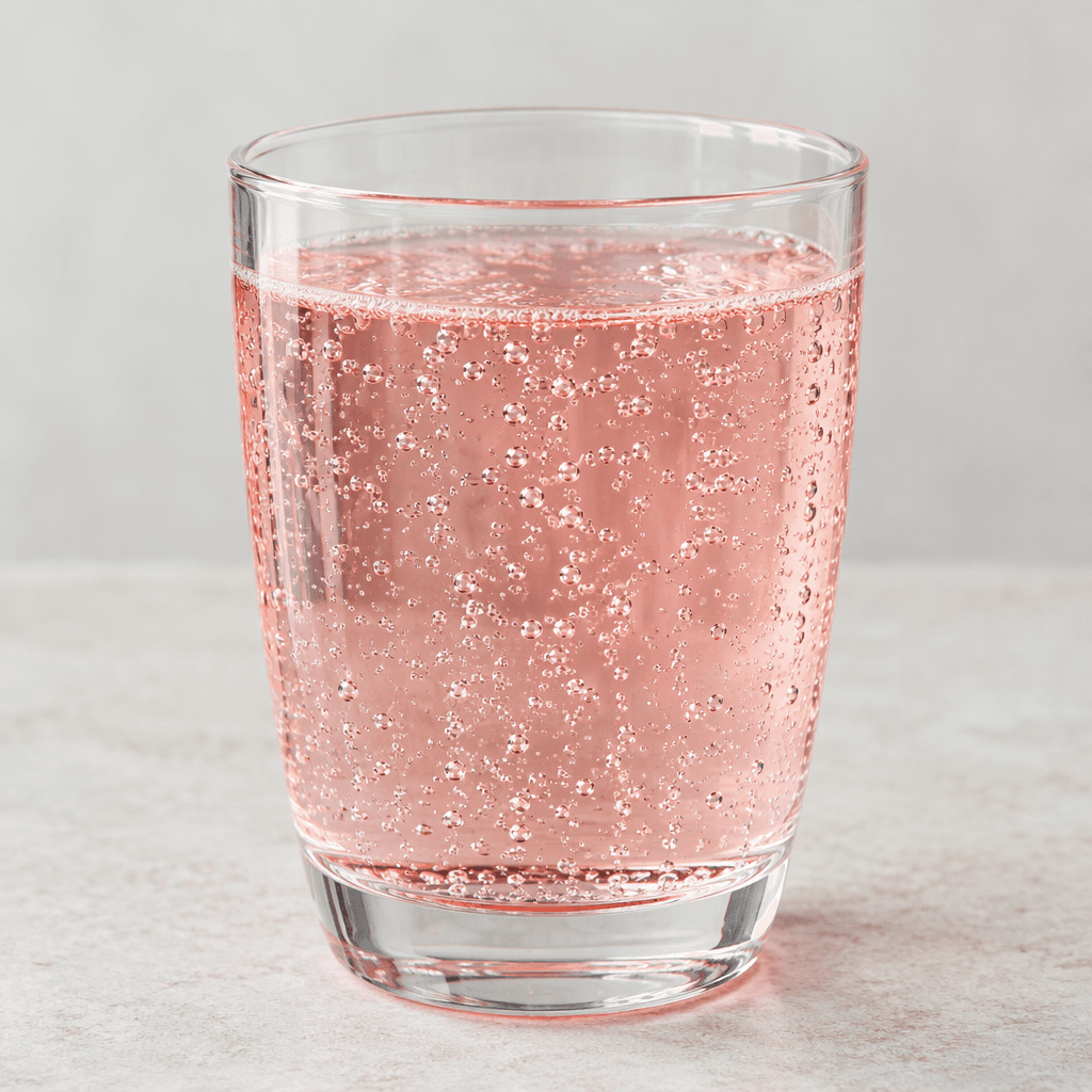 Pale pink, sparkling mineral water sits in a clear glass, with fine bubbles rising through the liquid.