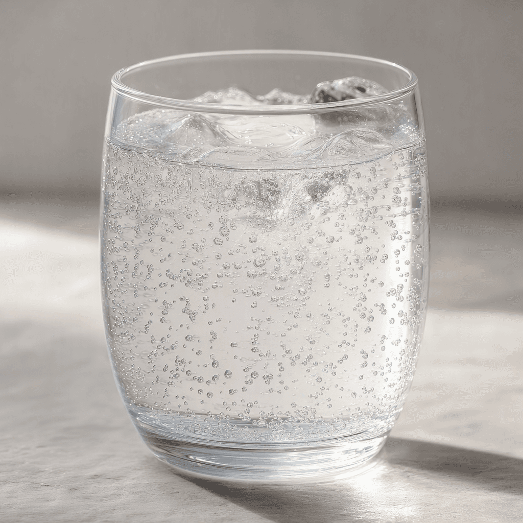 A clear, colorless fizzy drink served in a transparent glass, with fine bubbles rising through the liquid.