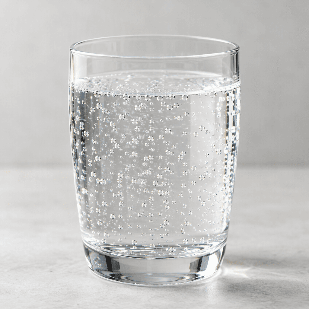 Clear, colorless sparkling mineral water fills a transparent glass, with tiny bubbles rising through the liquid.