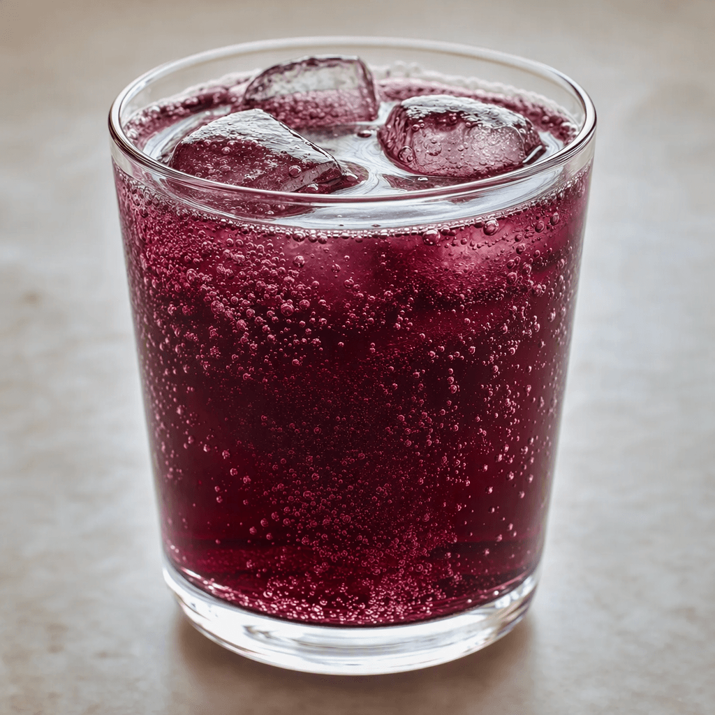 A deep ruby-purple, translucent sparkling drink sits in a clear glass, with fine bubbles rising through the liquid.