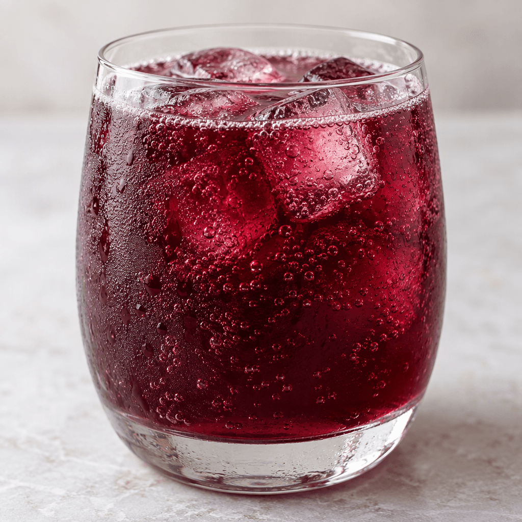 A deep ruby-purple, translucent fizzy drink with fine bubbles, served in a clear glass.