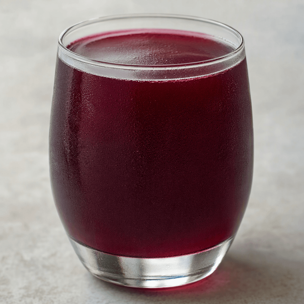 A deep purplish-red black mulberry drink fills a clear glass, its smooth, lightly translucent surface catching the light.