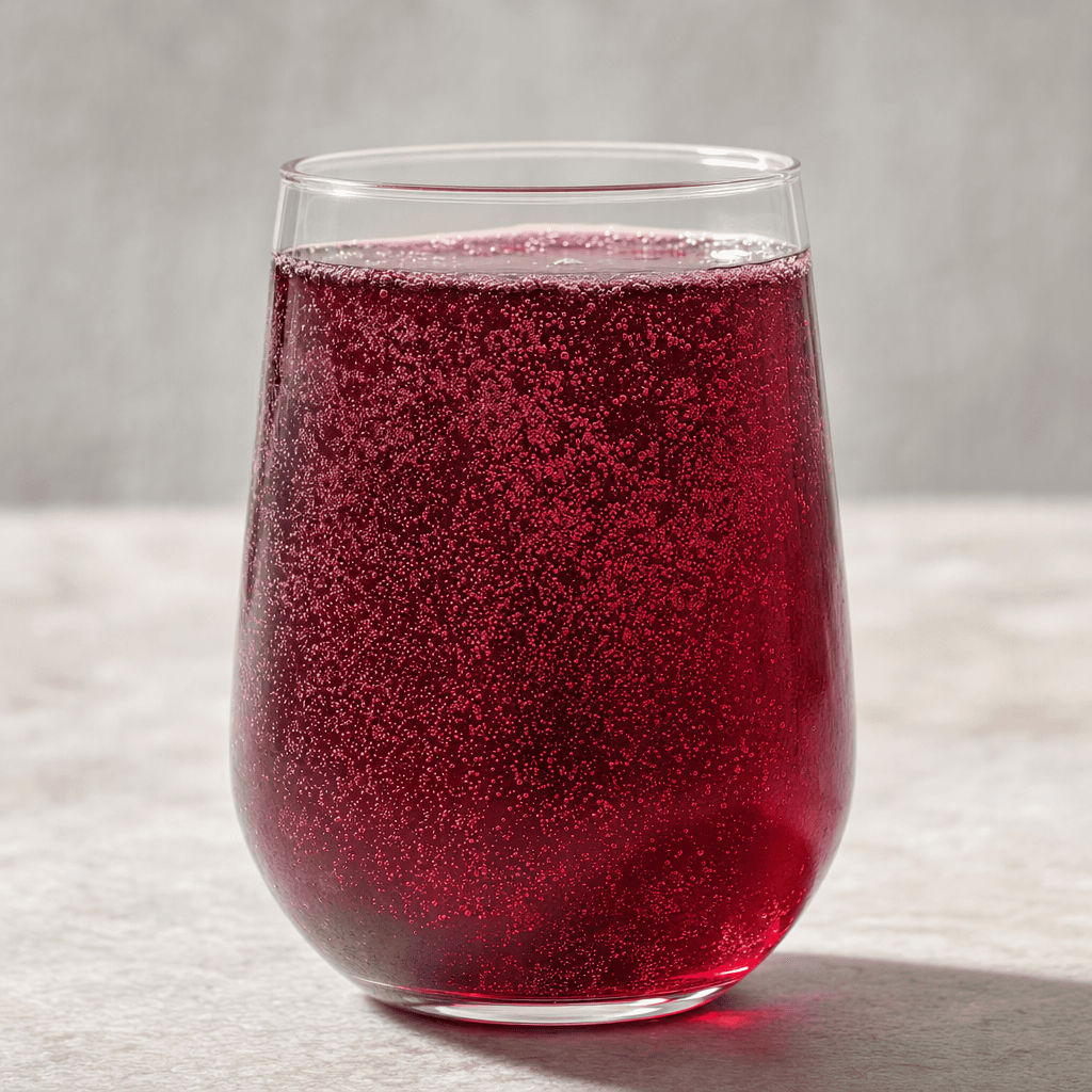 A deep purple-red, translucent carbonated drink sits in a clear glass, with tiny bubbles rising through the liquid.