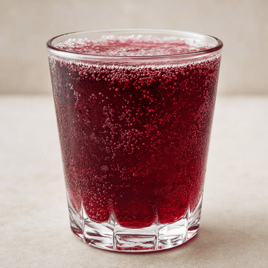 A deep burgundy-purple fizzy drink sits in a clear glass, with tiny bubbles rising through it and a light fizz at the surface.