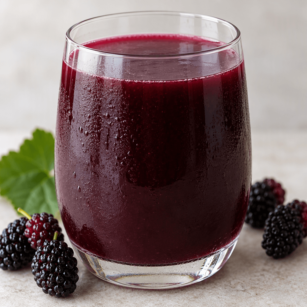 A deep burgundy-purple black mulberry drink fills a clear glass, with a smooth, slightly translucent surface.