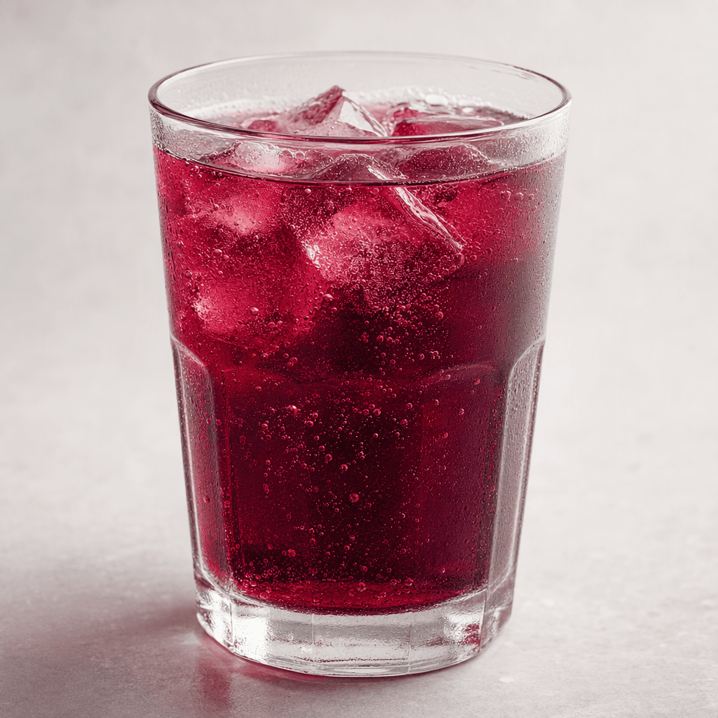 A translucent, deep ruby-purple drink with fine bubbles rising through it, served in a clear glass.