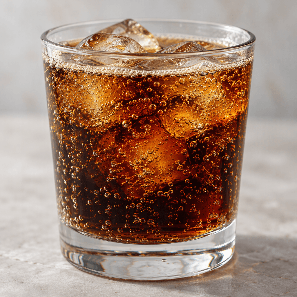 A clear glass holds a dark amber-brown carbonated drink, with fine bubbles rising through the liquid and a light fizz at the surface.