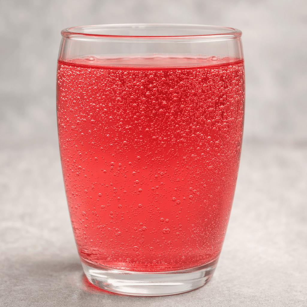 A clear glass filled with bright pink-red carbonated liquid, with fine bubbles rising through it.