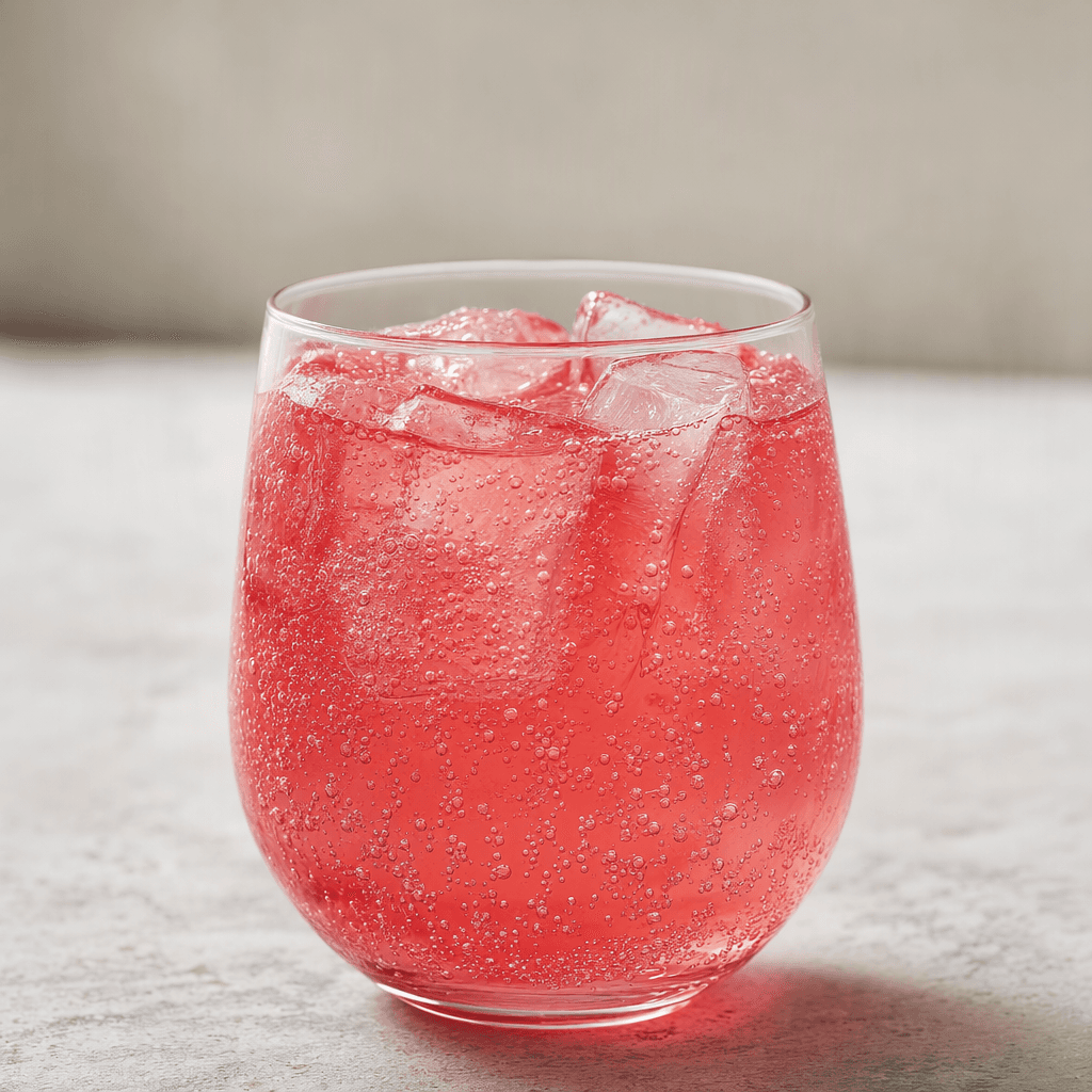 A translucent pink-red drink sits in a clear glass, with fine bubbles rising through it.