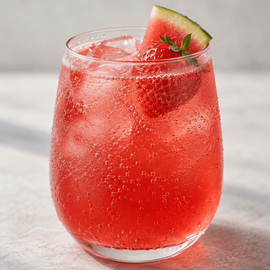 A translucent pink-red drink with fine bubbles rising through it, served chilled in a clear glass.