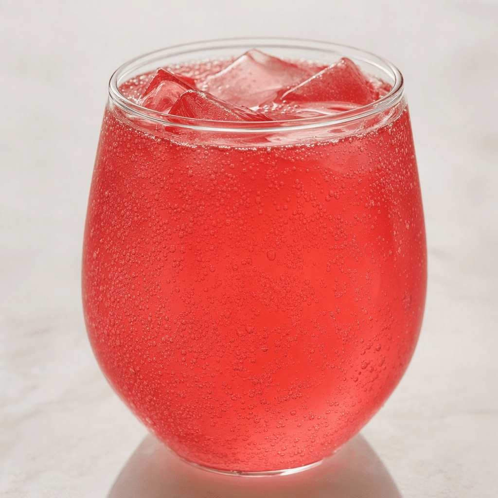 A bright pink-red carbonated drink in a clear glass, with fine bubbles rising through the translucent liquid.