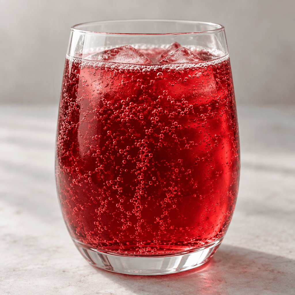 A clear glass holds a translucent ruby-red fizzy drink with fine bubbles rising through it.