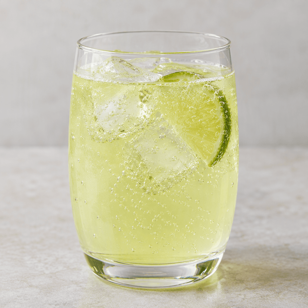 A translucent pale yellow-green drink with fine bubbles, served in a clear glass.