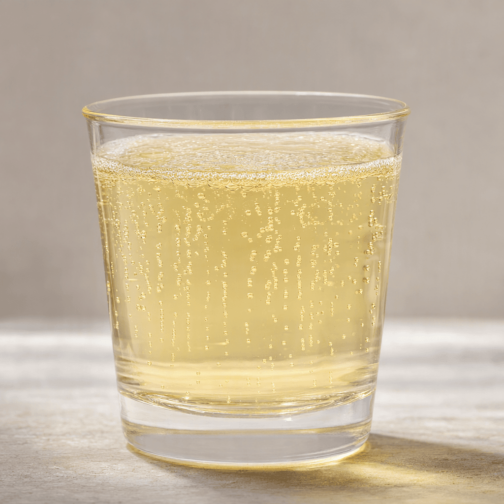 A clear, pale yellow carbonated drink in a glass, with tiny bubbles rising through the liquid and a light fizz at the surface.