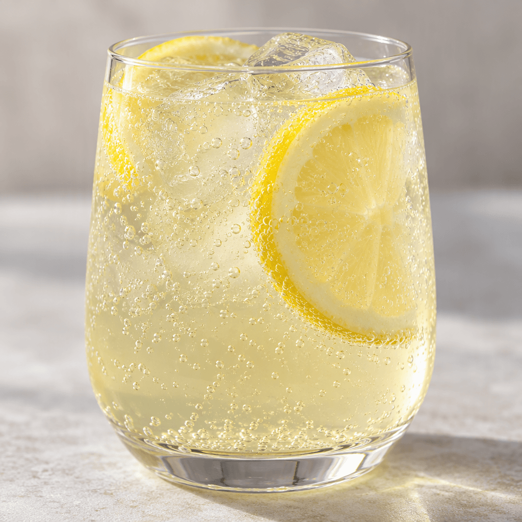 A clear, pale-yellow fizzy lemon soda in a glass, with fine bubbles rising through the drink.
