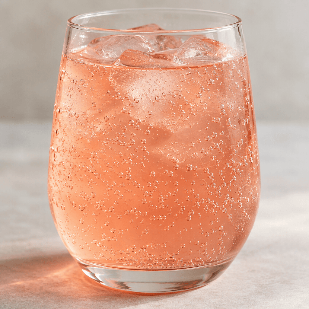 A clear, lightly sparkling pink-orange drink with tiny bubbles rising through it, served in a glass.