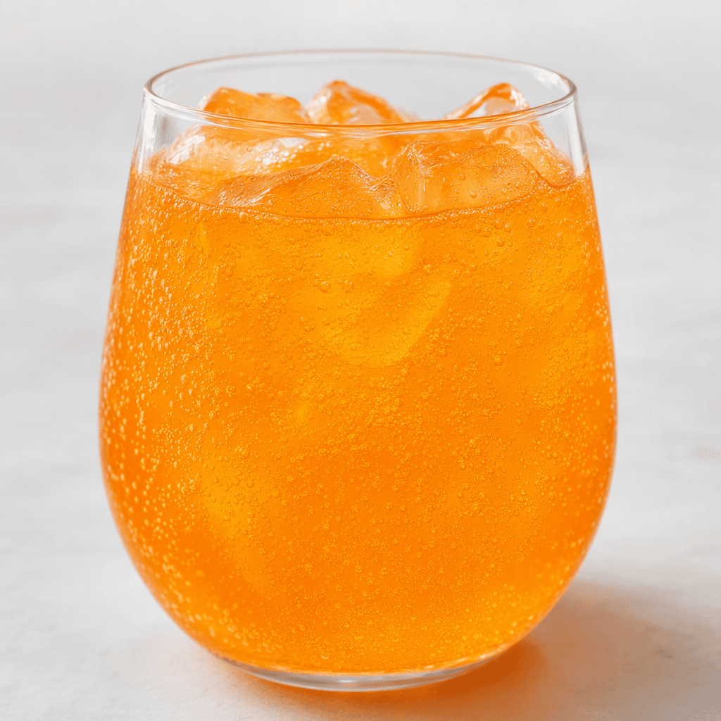 A clear, bright orange carbonated drink with fine bubbles rising through the liquid.