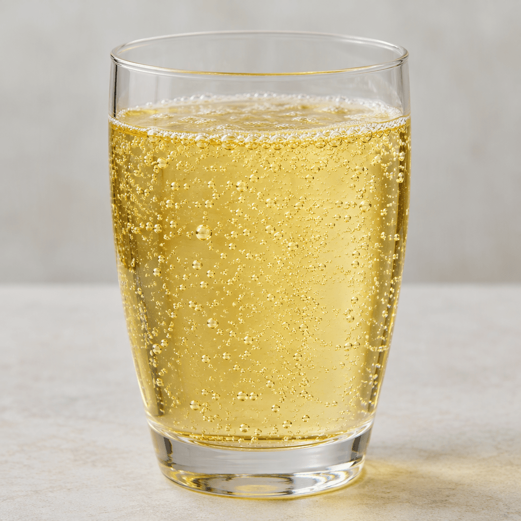 A clear, lightly golden-yellow fizzy drink sits in a glass, with fine bubbles rising through it.