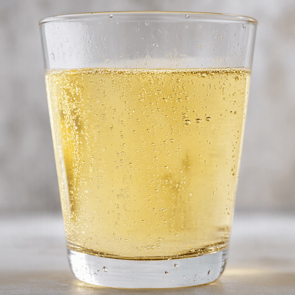 A clear, very pale golden-yellow drink sits in a transparent glass, with fine bubbles rising through the liquid and a few droplets on the glass.