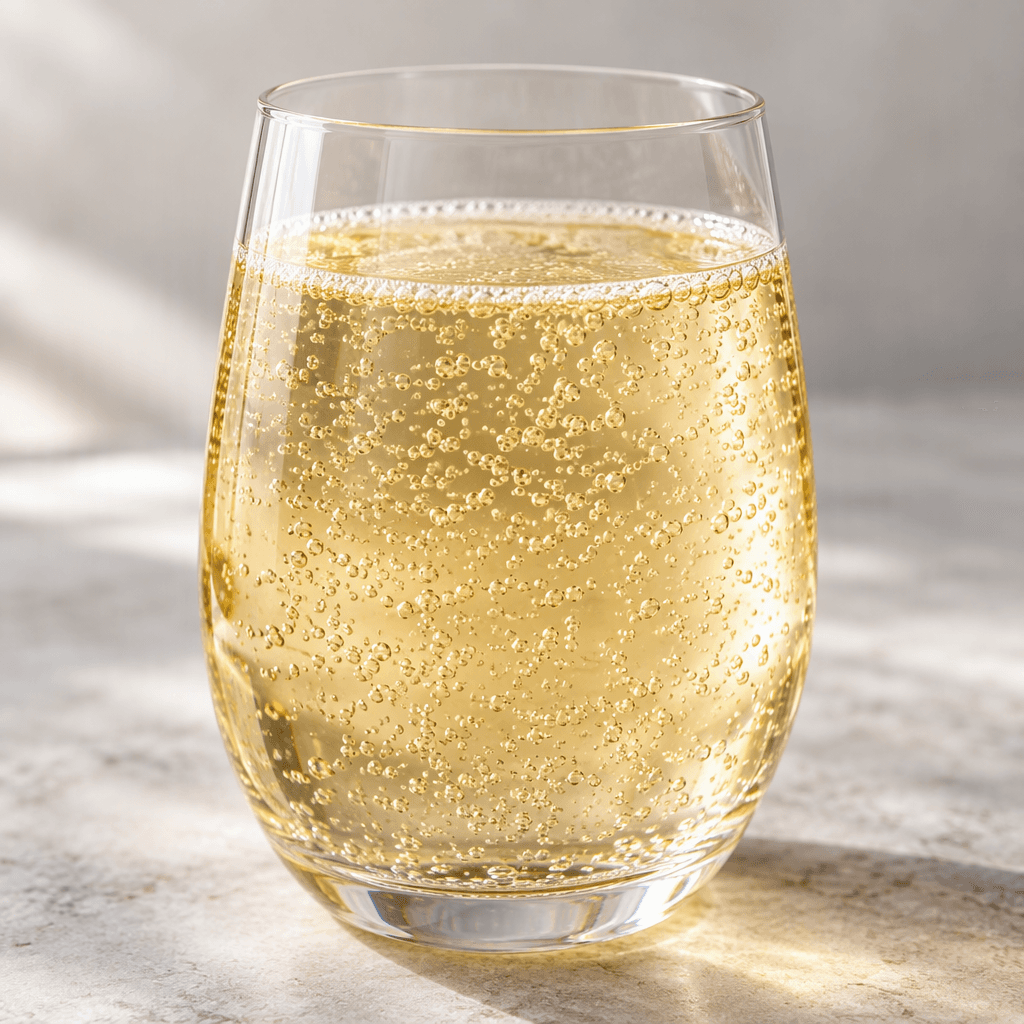 A pale golden-yellow, clear sparkling drink with fine bubbles, served in a transparent glass.