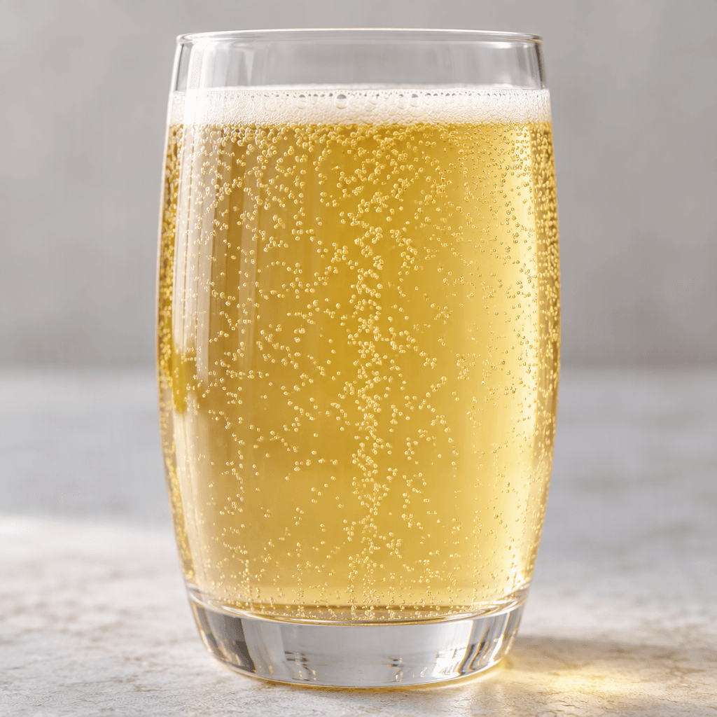 A clear glass holds a pale golden-yellow, slightly hazy drink with fine bubbles rising through it.
